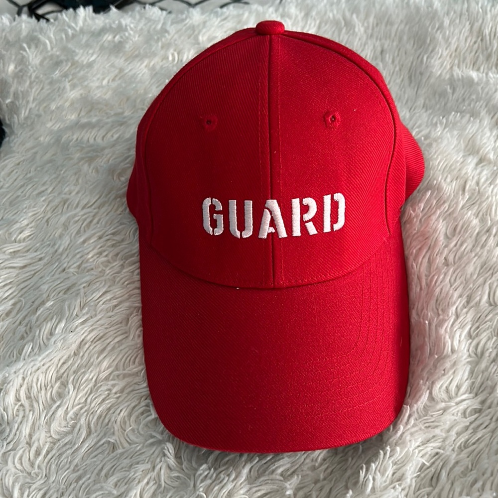 Red Lifeguard hat with white stitching